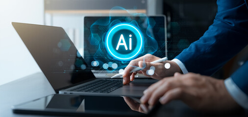 Humans and artificial General intelligence collaborating in the digital business world, businessman interacting with AI technology on laptops, digital transformation, automation applications.