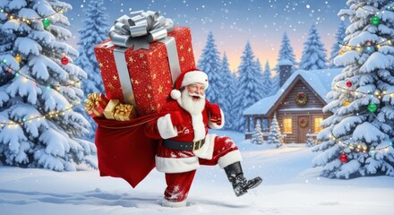 Jolly man carries sack full of presents through snowy winter landscape