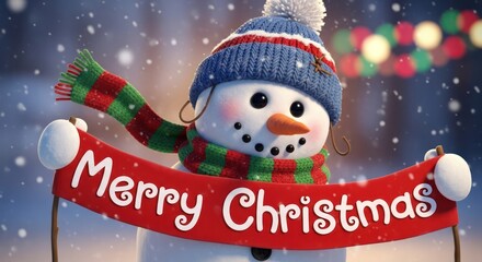 Festive snowman holds banner wishing merry christmas in falling snow