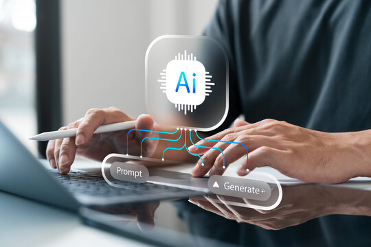 The concept of generative AI technology creating content from user prompts using advanced algorithms. Man interacting with laptop and tablet to generate digital output efficiently.