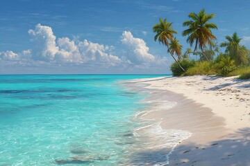 Imagine yourself relaxing on this stunning tropical beach with crystal turquoise water and swaying palm trees, the perfect island getaway experience