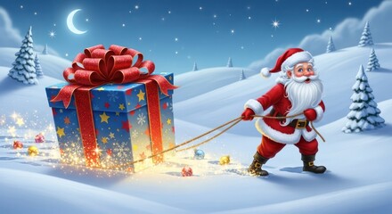 Santa pulling a big gift box through snowy winter landscape