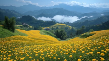 Breathtaking Panoramic Landscape: Rolling Hills Covered in Vibrant Yellow Flowers (Likely Dandelions), Backed by Majestic Mountains & Clear Blue Sky