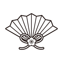 梅の飾りがついた扇のイラスト（線）