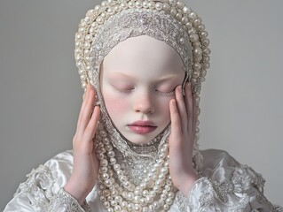 A photo of an albino girl in a white and silver Russian costume, holding pearl beads around her neck, wearing the kokoshnik