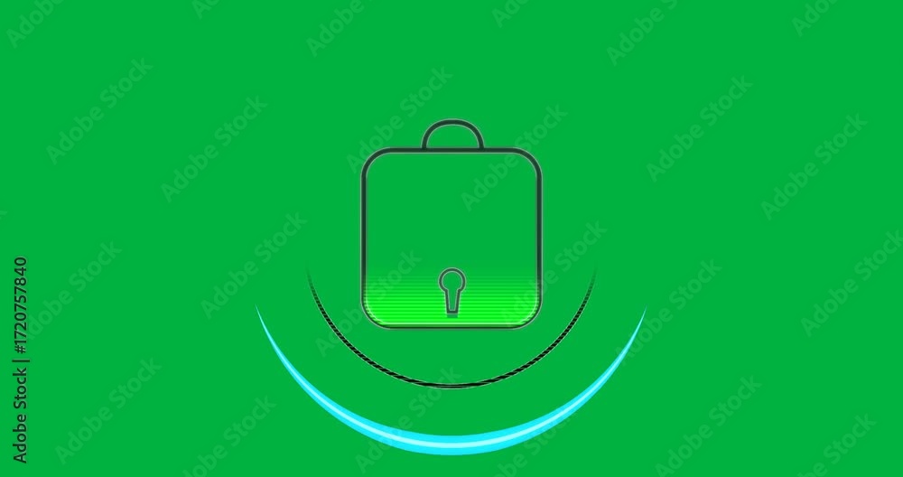 Poster interface showing neon green padlock on transparent background with rings, cyan arcs for security