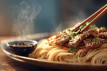 Steamy plate of noodles with beef and vegetables.