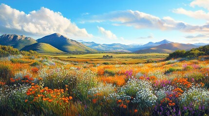 a photorealistic field of fynbos, bright sunny day, mountains and hills in the distance,