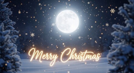 Winter Christmas scene with trees, snow, moon, and falling snowflakes