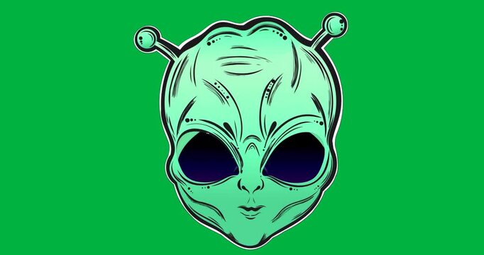Graphic designer placing stylized alien head on transparent background, showing black contour lines