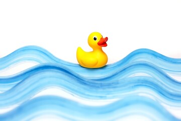 Yellow rubber duck toy floating on blue waves background bath toy adorable ducky on water surface