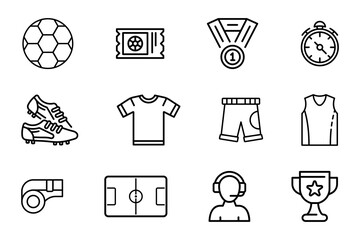 Football elements icon set on white background. Symbol of soccer ball, medal, ticket, shirt, field, referee, whistle, shoes, champion cup. Set vector line icons of soccer element editable © Wiwi