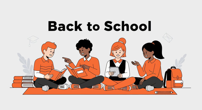 Four diverse children seated on a rug, studying and interacting, representing the "Back to School" theme. - Powered by Adobe