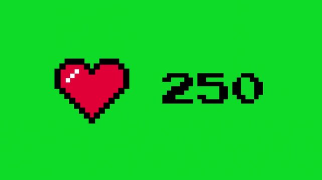 The heart and counting number are in an 8-bit pixel art style. green screen