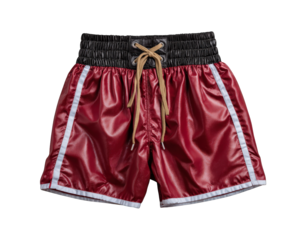Red boxing shorts athletic clothing shiny fabric white stripe elastic waistband drawstring isolated on white sportswear comfortable fit energetic style