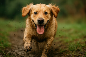 Fototapeta premium Playful golden retriever runs along muddy path outside, tongue out, enjoying energetic outdoor activity in nature happy dog embraces adventure and fun on a rainy day walk