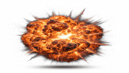 Powerful Fiery Explosion Bursting with Orange and Yellow Flames on an Isolated transparent background, Concept of Impact and Destruction