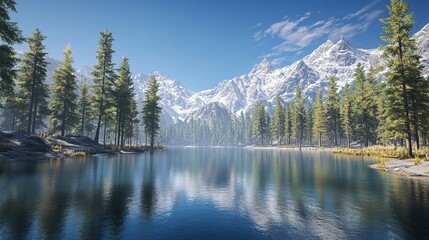 A photo-realistic panoramic view of a pristine alpine lake surrounded by tall evergreen trees and dramatic snow-capped mountain peaks.