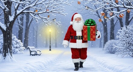 Figure with gift box in snowy park scene during the winter holiday