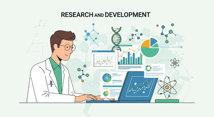 A researcher in a lab coat types on a laptop surrounded by scientific data visualizations, including charts, graphs, DNA, and atomic structures.