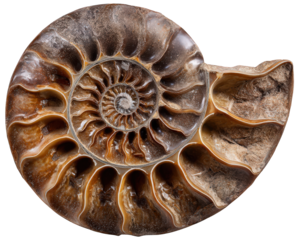Fossil seashell spiral pattern prehistoric ammonite cross section brown mineral texture natural history ancient marine life detailed structure educational isolated
