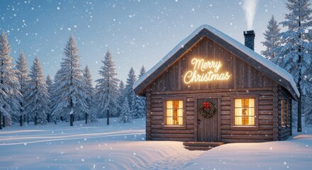 Winter cabin in snow with Christmas lights and wreath decoration