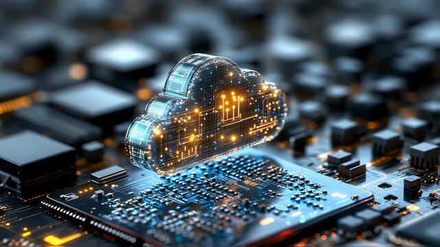 A transparent cloud symbol, illuminated with glowing circuitry, rests atop a complex computer circuit board.