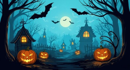 Spooky Halloween night with haunted houses and glowing pumpkins under a bright full moon with bats flying