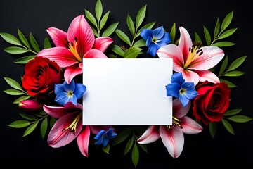 Floral frame mockup with lilies roses and blue flowers on black background for invitation card design