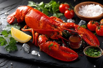 A fresh, cooked lobster on a black slate, surrounded by cherry tomatoes, parsley, lemon, and salt.