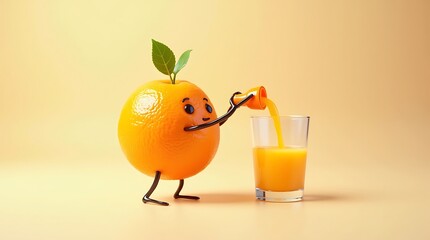 Orange juice cartoon character pouring fresh juice into glass healthy drink vitamin c breakfast concept
