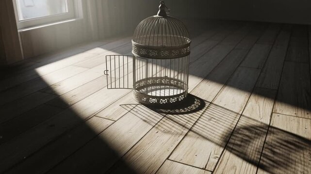Empty decorative birdcage casting shadow in sunlight