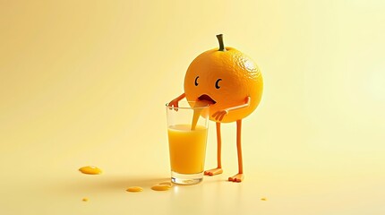 Orange juice cartoon character drinking itself funny food illustration healthy drink vitamin c breakfast concept