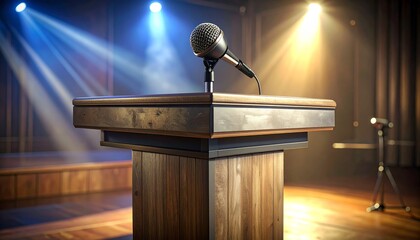 Close-up of metallic podium microphone mount under spotlight, detailed texture with dramatic tone.