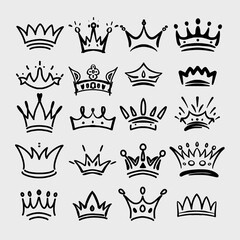 set of twenty simple, stylized crowns. Each crown is outlined in black, with varying designs and embellishments. Some have more pronounced points,