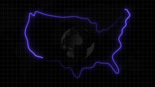 Abstract neon USA map, of United States of America showing different states. Animated usa contiguous lower u.s. state neon map on an isolated technical background