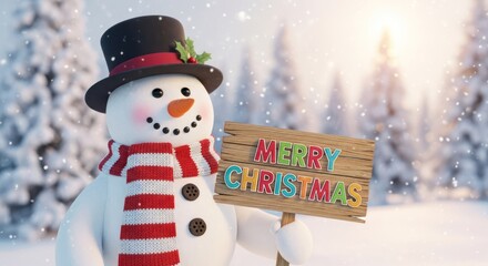 Snowman with Christmas sign in snowy winter landscape, holiday season
