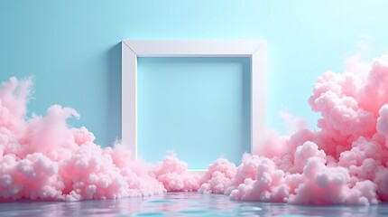 Pink clouds frame background for product showcase and presentation with blue pastel color wall design