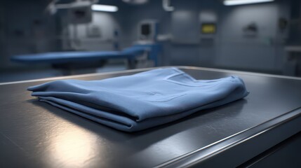 Blue Scrubs Folded Neatly on Metal Surface in Hospital Environment