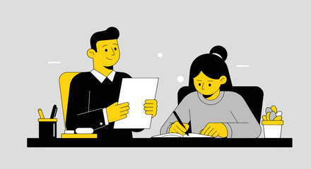 Tutoring session:  A male instructor guides a female student during a focused study session at a desk.