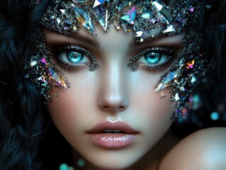 A stunning close-up portrait focusing only on the woman's face. She has jet-black, curly hair framing her delicate features.