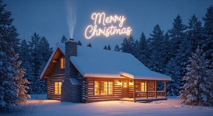 Winter cabin scene at night with snow and glowing Christmas sign