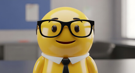 A yellow emoji wearing glasses and a tie in an office setting with a neutral expression on its face