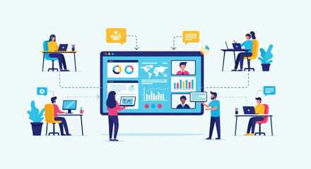 Global team collaborates remotely via video conferencing and data sharing.