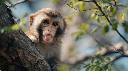 Fototapeta premium Cheeky Monkey Sticking Out Tongue While Hanging on Tree Branch – Playful Wildlife Moment