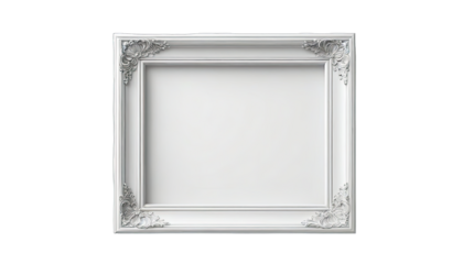Empty white picture frame with ornate, classical design