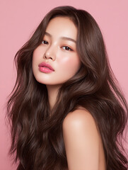 Fototapeta premium 핑크 배경 앞에서 긴 웨이브 브라운 머리를 늘어뜨린 여성의 헤어 스타일 
