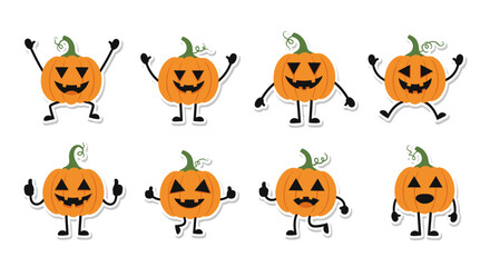 Fototapeta premium A collection of eight cartoon pumpkins with expressive faces and limbs for halloween.