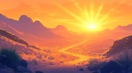 A sunrise over a quiet southwestern desert landscape with a path winding through the hills into the distance, with rays of light stretching outward 