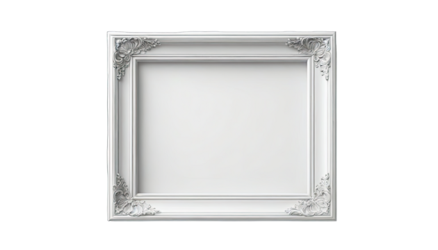 Empty white picture frame with ornate, classical design